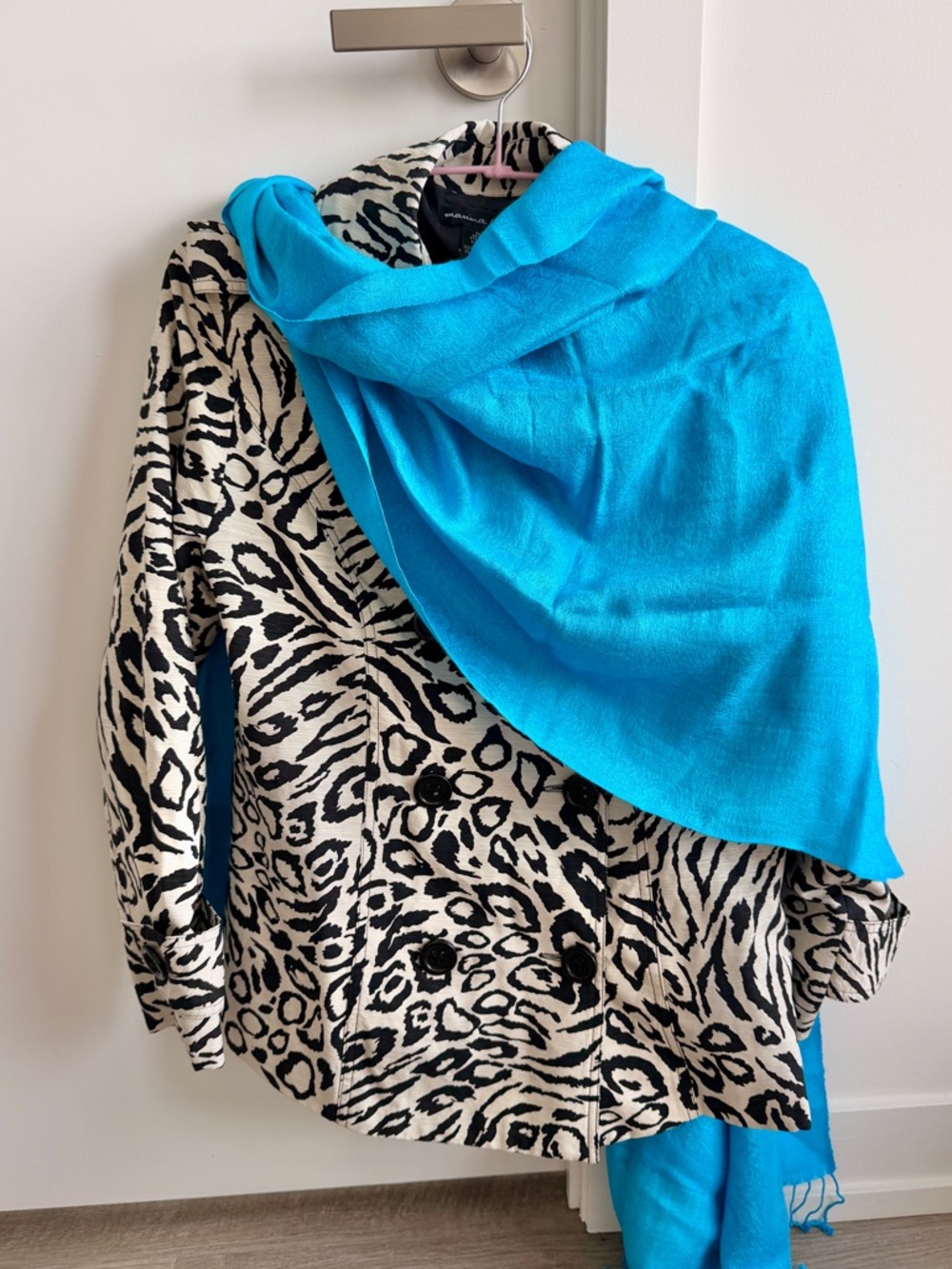 2 pc: Zebra short trench and Bright teal pashmina scarf
